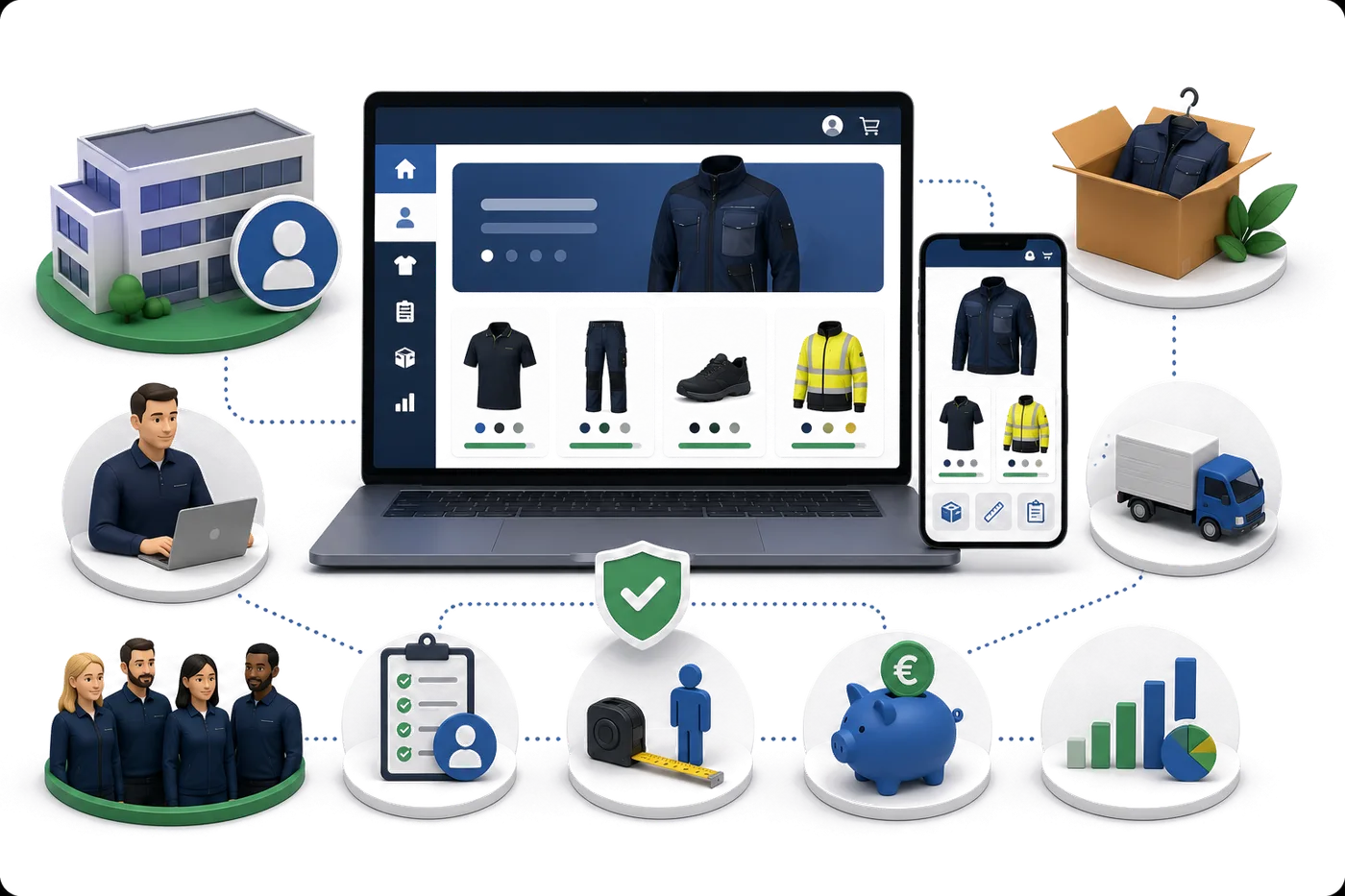 Clothing Management System illustration: a webshop screen with workwear products, a laptop and phone view, and wearer-specific size registration