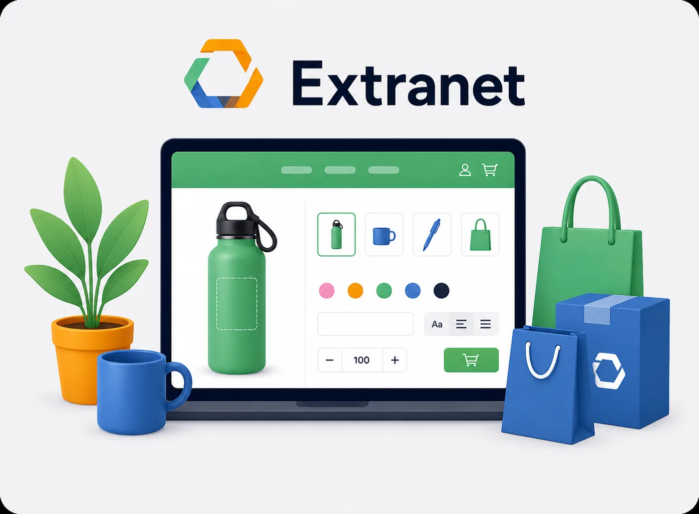 Extranet product configurator screen with a water bottle, colour options and quantity/price, next to a mug and tote bag