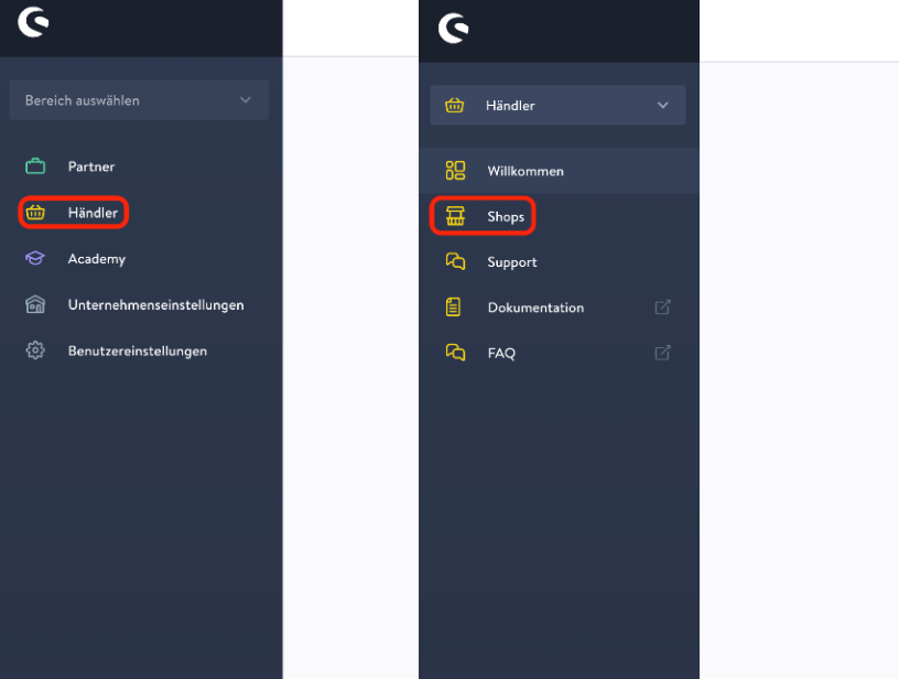 Shopware account: Merchant menu