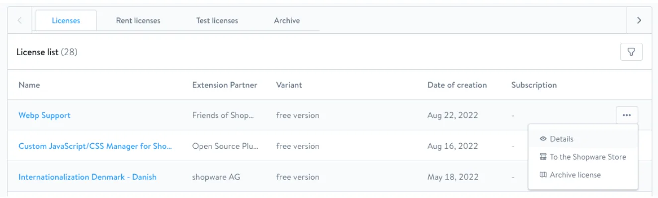 Plugin licenses list