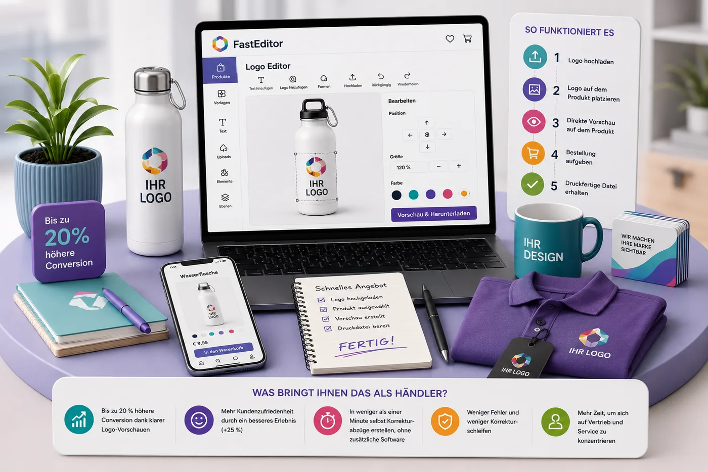 FastEditor Logo Editor Bildschirm mit einer Flasche mit platziertem Logo, die 5-Schritte-Anleitung 'So funktioniert es' zum Hochladen und Vorschauen eines Logos, und die daraus resultierenden Markenprodukte