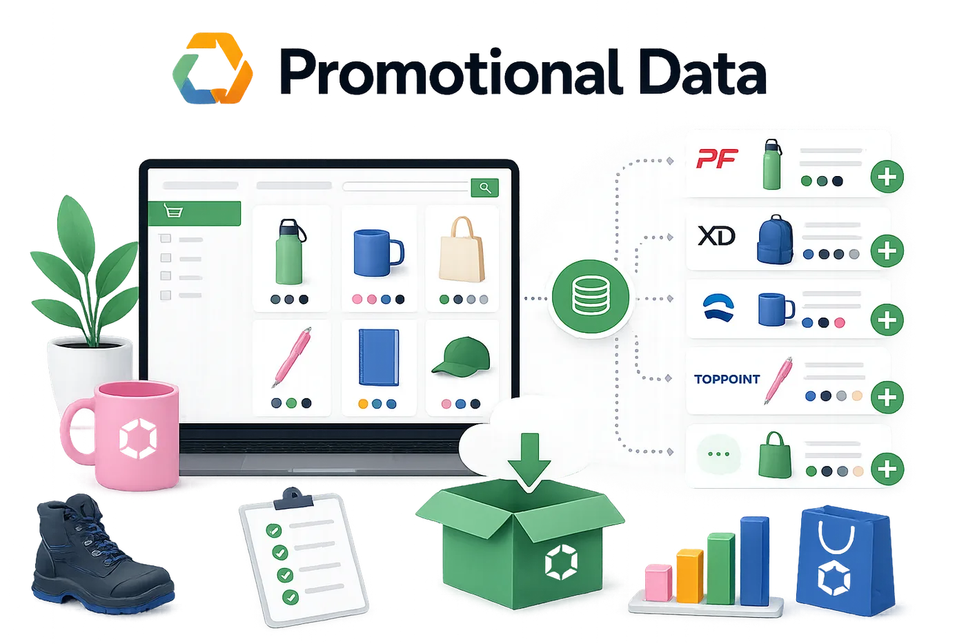 Promotional Data feed screen with a webshop showing product filters and prices, plus a list of connected suppliers