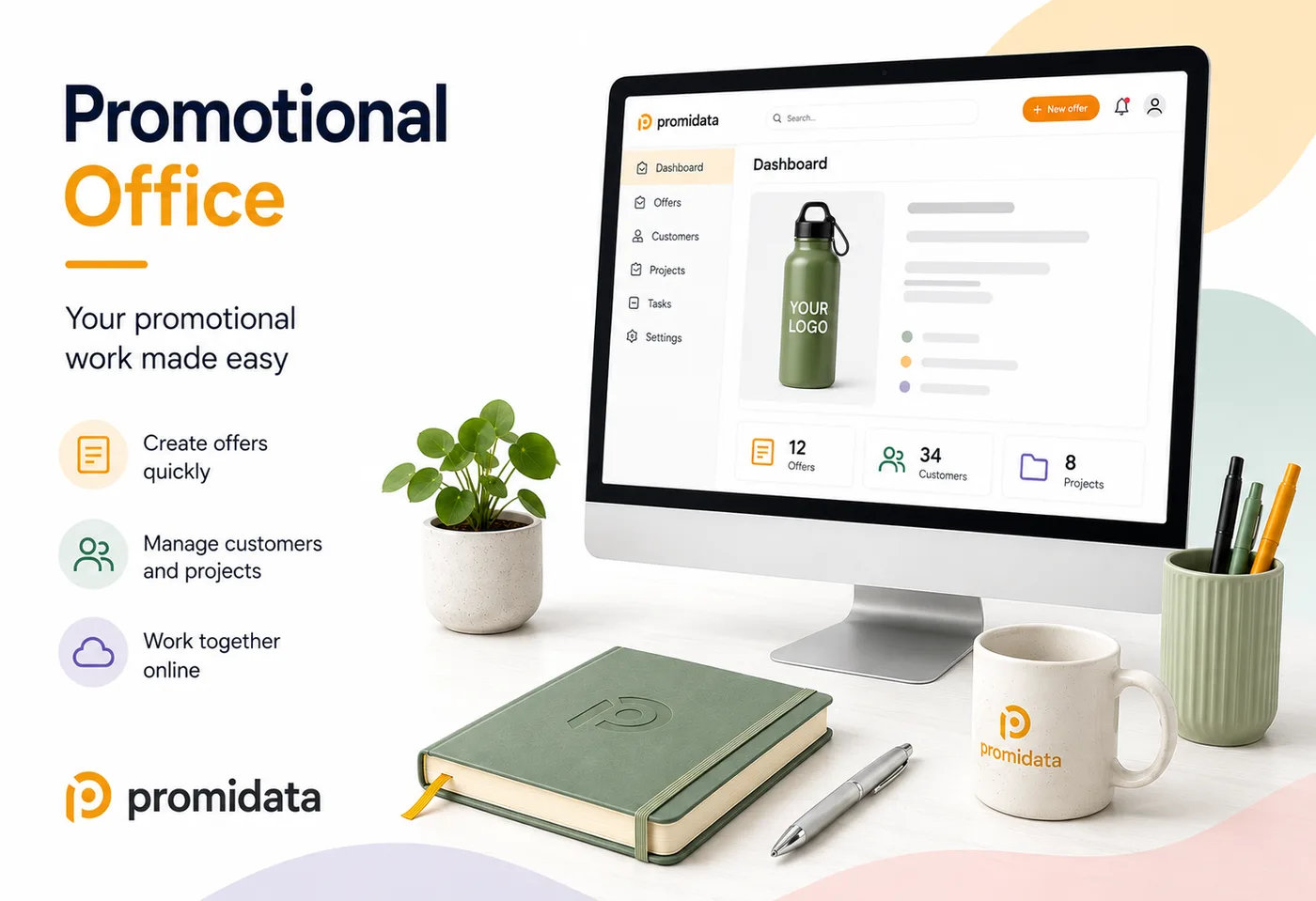 Promotional Office dashboard mockup on a laptop, surrounded by promotional products (water bottle, mug, tote bag, notebook, pen) printed with a customer logo