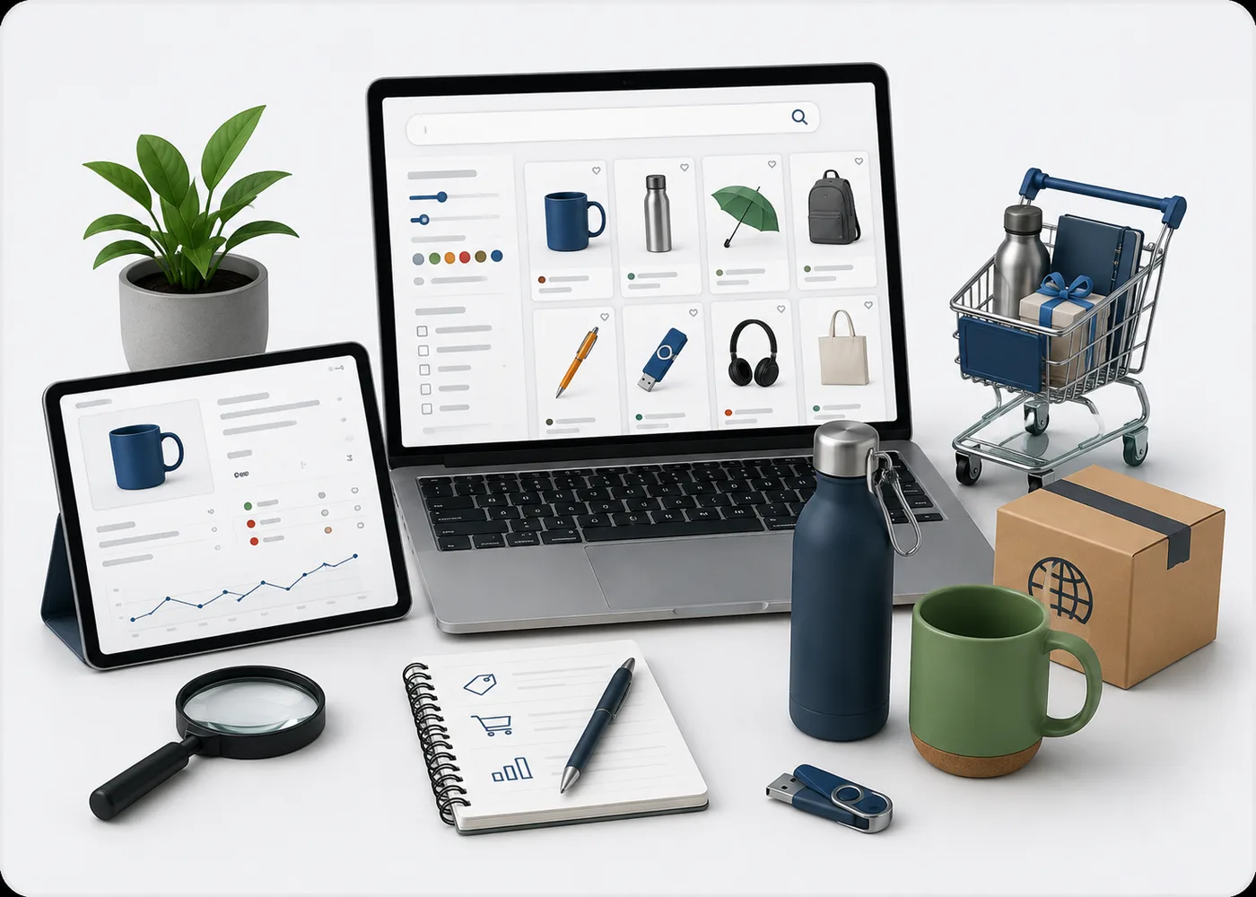 Illustration of a product search screen with a grid of promotional items
