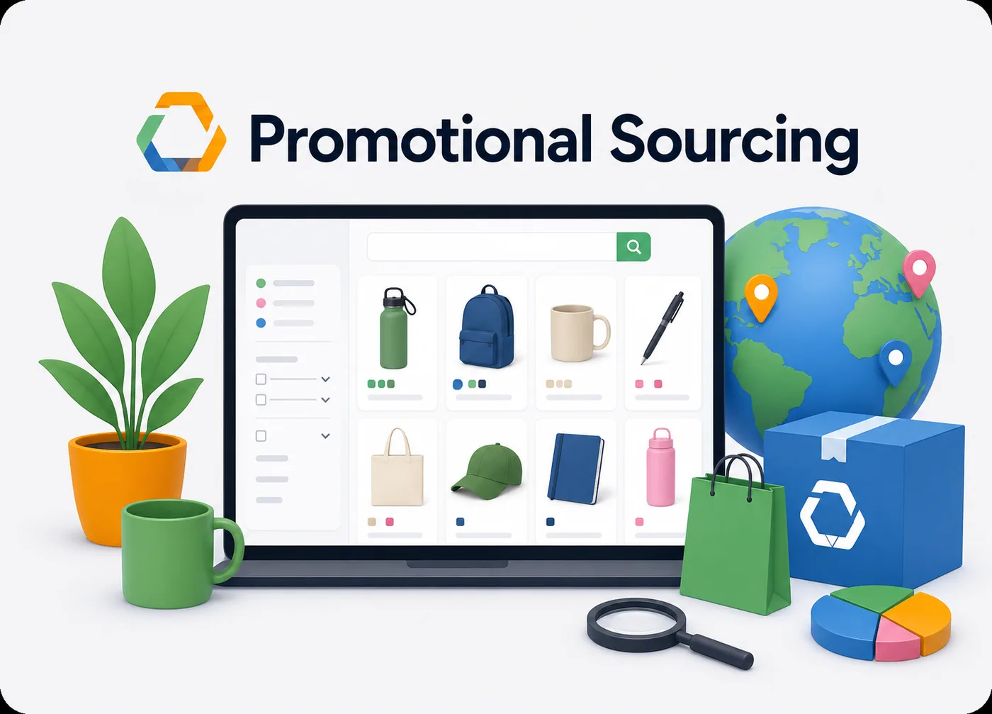 Promotional Sourcing search screen with product results, filters and a shipping box
