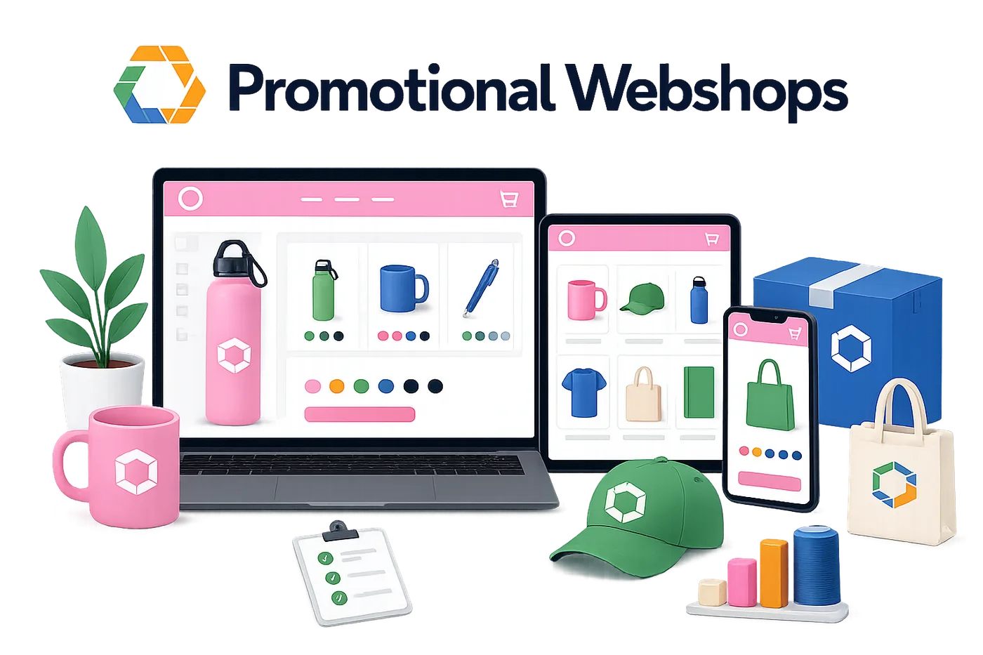 Two webshop screens showing a product configurator with imprint options and live pricing, next to promotional products with a customer logo