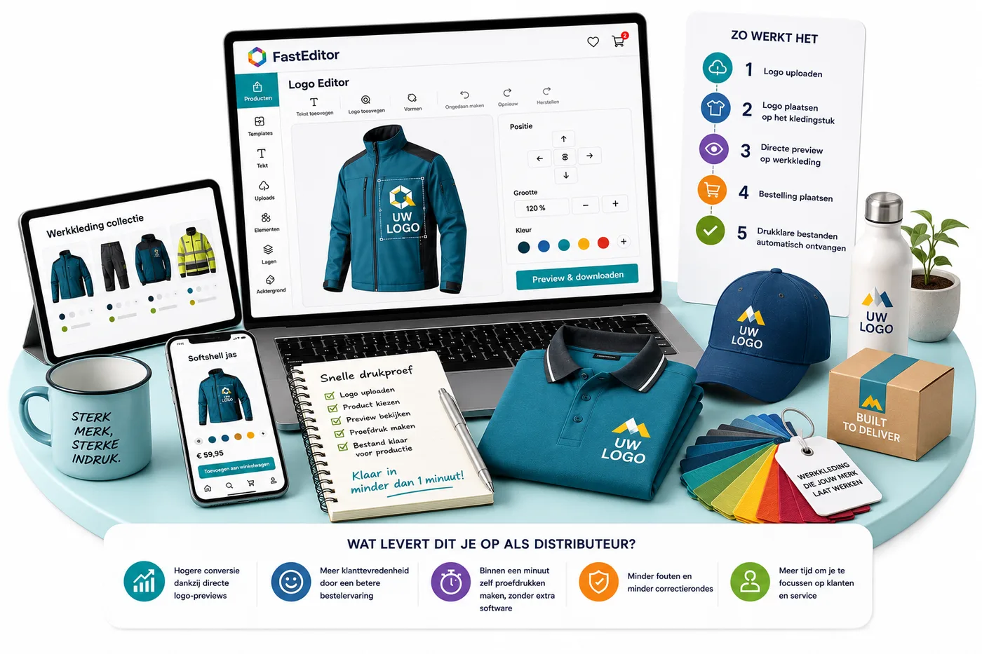 FastEditor Logo Editor-scherm met een werkjas met logo erop, het stappenplan 'zo werkt het', en de resulterende gebrande workwear-producten