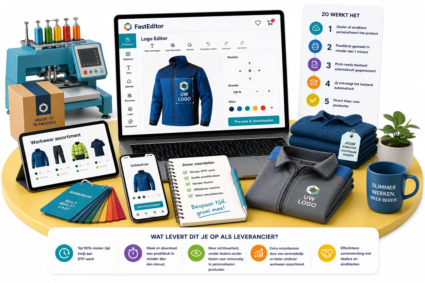 FastEditor Logo Editor-scherm met een werkjas met logo erop, het stappenplan 'zo werkt het' van personalisatie tot drukklaar bestand, en een print-ready file icoon