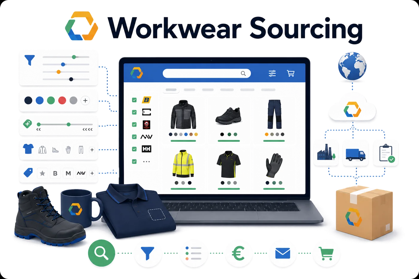Workwear Sourcing illustration: a magnifying glass searching a grid of workwear product silhouettes