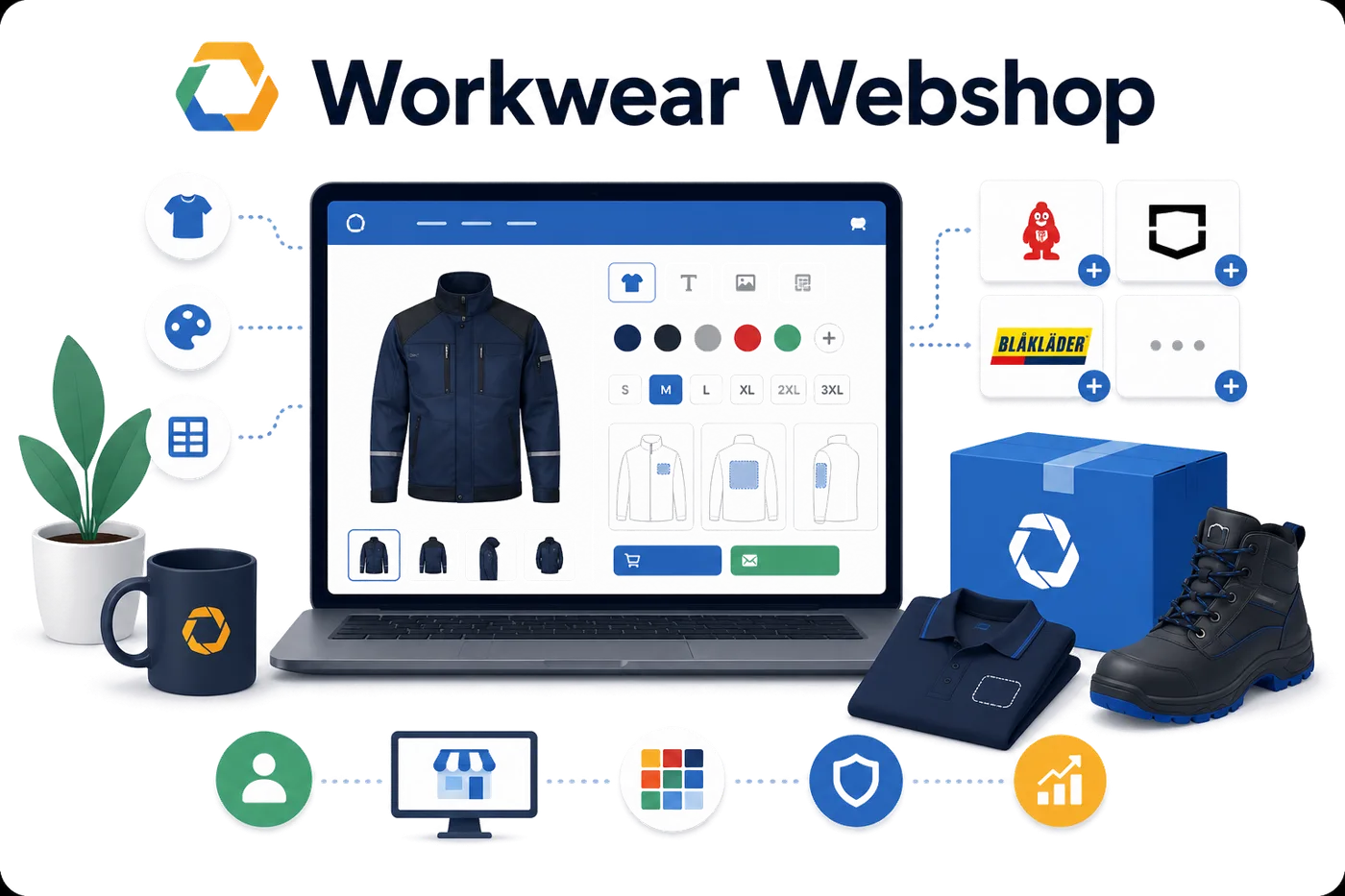 Workwear Webshop illustration: a webshop screen with product tiles next to a hi-vis workwear jacket